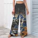 Buddha Stones Cotton Linen Oriental Landscape Pattern Women's Elastic Waist Wide Leg Pants With Pockets