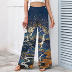 Buddha Stones Cotton Linen Oriental Landscape Pattern Women's Elastic Waist Wide Leg Pants With Pockets