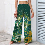 Buddha Stones Cotton Linen Oriental Landscape Pattern Women's Elastic Waist Wide Leg Pants With Pockets