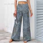 Buddha Stones Cotton Linen Vintage Leaf Pattern Women's Elastic Waist Wide Leg Pants With Pockets