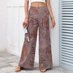Buddha Stones Cotton Linen Vintage Leaf Pattern Women's Elastic Waist Wide Leg Pants With Pockets