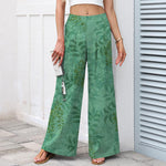 Buddha Stones Cotton Linen Vintage Leaf Pattern Women's Elastic Waist Wide Leg Pants With Pockets