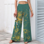 Buddha Stones Cotton Linen Gold Lotus Pattern Women's Elastic Waist Wide Leg Pants With Pockets