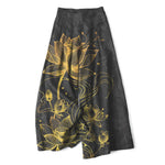 Buddha Stones Cotton Linen Gold Lotus Pattern Women's Elastic Waist Wide Leg Pants With Pockets