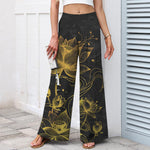 Buddha Stones Cotton Linen Gold Lotus Pattern Women's Elastic Waist Wide Leg Pants With Pockets
