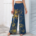 Buddha Stones Cotton Linen Gold Lotus Pattern Women's Elastic Waist Wide Leg Pants With Pockets