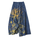 Buddha Stones Cotton Linen Gold Lotus Pattern Women's Elastic Waist Wide Leg Pants With Pockets