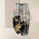Buddha Stones Pure Cotton Lotus Ink Wash Pattern Women's Elastic Waist Pants With Pockets