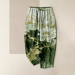 Buddha Stones Pure Cotton Lotus Ink Wash Pattern Women's Elastic Waist Pants With Pockets