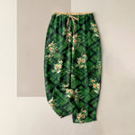 Buddha Stones Pure Cotton Vintage Floral and Grid Pattern Women's Elastic Waist Pants with Pockets