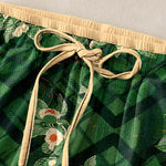 Buddha Stones Pure Cotton Vintage Floral and Grid Pattern Women's Elastic Waist Pants with Pockets