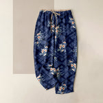 Buddha Stones Pure Cotton Vintage Floral and Grid Pattern Women's Elastic Waist Pants with Pockets