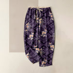 Buddha Stones Pure Cotton Vintage Floral and Grid Pattern Women's Elastic Waist Pants with Pockets