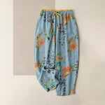 Buddha Stones Pure Cotton Vintage Floral Calligraphy Pattern Women's Elastic Waist Pants With Pockets