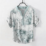 Buddha Stones Cotton Ink Bamboo Calligraphy Pattern Men's Short Sleeve Half Button Shirt