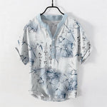 Buddha Stones Cotton Ink Bamboo Calligraphy Pattern Men's Short Sleeve Half Button Shirt