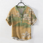 Buddha Stones Cotton Mountain Blossom Pattern Men's Short Sleeve Half Button Shirt