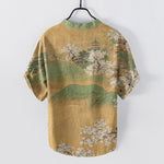 Buddha Stones Cotton Mountain Blossom Pattern Men's Short Sleeve Half Button Shirt