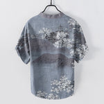 Buddha Stones Cotton Mountain Blossom Pattern Men's Short Sleeve Half Button Shirt