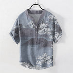 Buddha Stones Cotton Mountain Blossom Pattern Men's Short Sleeve Half Button Shirt
