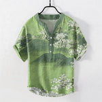 Buddha Stones Cotton Mountain Blossom Pattern Men's Short Sleeve Half Button Shirt
