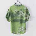 Buddha Stones Cotton Mountain Blossom Pattern Men's Short Sleeve Half Button Shirt