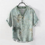 Buddha Stones Cotton Ink Bamboo Leaf Pattern Men's Short Sleeve Half Button Shirt