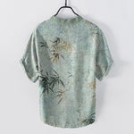 Buddha Stones Cotton Ink Bamboo Leaf Pattern Men's Short Sleeve Half Button Shirt