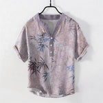 Buddha Stones Cotton Ink Bamboo Leaf Pattern Men's Short Sleeve Half Button Shirt