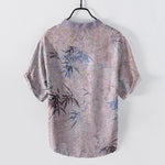 Buddha Stones Cotton Ink Bamboo Leaf Pattern Men's Short Sleeve Half Button Shirt