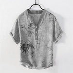 Buddha Stones Cotton Ink Bamboo Leaf Pattern Men's Short Sleeve Half Button Shirt