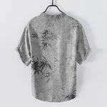 Buddha Stones Cotton Ink Bamboo Leaf Pattern Men's Short Sleeve Half Button Shirt