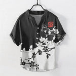 Buddha Stones Cotton Plum Blossom Branch Pattern Men's Short Sleeve Half Button Shirt