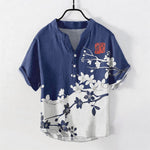 Buddha Stones Cotton Plum Blossom Branch Pattern Men's Short Sleeve Half Button Shirt