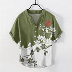 Buddha Stones Cotton Plum Blossom Branch Pattern Men's Short Sleeve Half Button Shirt