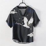 Buddha Stones Cotton Flying Crane Cloud Pattern Men's Short Sleeve Half Button Shirt