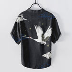 Buddha Stones Cotton Flying Crane Cloud Pattern Men's Short Sleeve Half Button Shirt