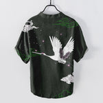 Buddha Stones Cotton Flying Crane Cloud Pattern Men's Short Sleeve Half Button Shirt