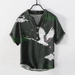 Buddha Stones Cotton Flying Crane Cloud Pattern Men's Short Sleeve Half Button Shirt