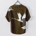 Buddha Stones Cotton Flying Crane Cloud Pattern Men's Short Sleeve Half Button Shirt
