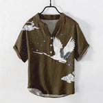 Buddha Stones Cotton Flying Crane Cloud Pattern Men's Short Sleeve Half Button Shirt
