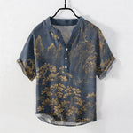 Buddha Stones Cotton Golden Mountain Pine Pattern Men's Short Sleeve Half Button Shirt