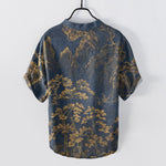 Buddha Stones Cotton Golden Mountain Pine Pattern Men's Short Sleeve Half Button Shirt
