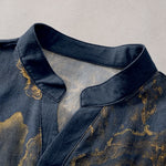 Buddha Stones Cotton Golden Mountain Pine Pattern Men's Short Sleeve Half Button Shirt