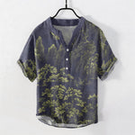 Buddha Stones Cotton Golden Mountain Pine Pattern Men's Short Sleeve Half Button Shirt