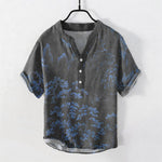 Buddha Stones Cotton Golden Mountain Pine Pattern Men's Short Sleeve Half Button Shirt