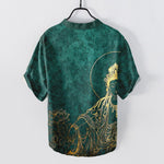 Buddha Stones Cotton Golden Buddha Lotus Pattern Men's Short Sleeve Half Button Shirt