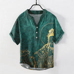 Buddha Stones Cotton Golden Buddha Lotus Pattern Men's Short Sleeve Half Button Shirt