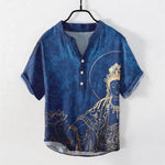Buddha Stones Cotton Golden Buddha Lotus Pattern Men's Short Sleeve Half Button Shirt