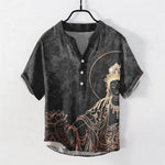 Buddha Stones Cotton Golden Buddha Lotus Pattern Men's Short Sleeve Half Button Shirt